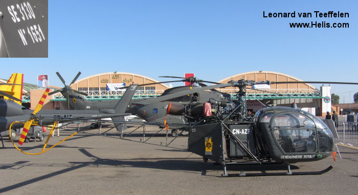 Helicopter Aerospatiale SE3130  Alouette II Serial 1651 Register CN-AZF used by Royal Moroccan Gendarmerie. Aircraft history and location