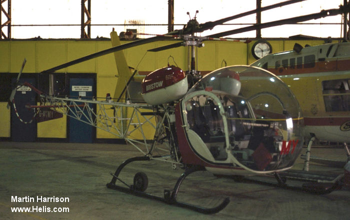 Helicopter Bell 47G-5 Serial 25023 Register 5B-CEQ G-AYMY used by Bristow. Built 1971. Aircraft history and location