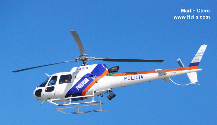 Helicopter Eurocopter AS350B3 Ecureuil Serial 4154 Register LQ-BIO PP-MZA used by Policias Provinciales (Argentine Provinces Police Units) ,Helibras. Built 2007. Aircraft history and location