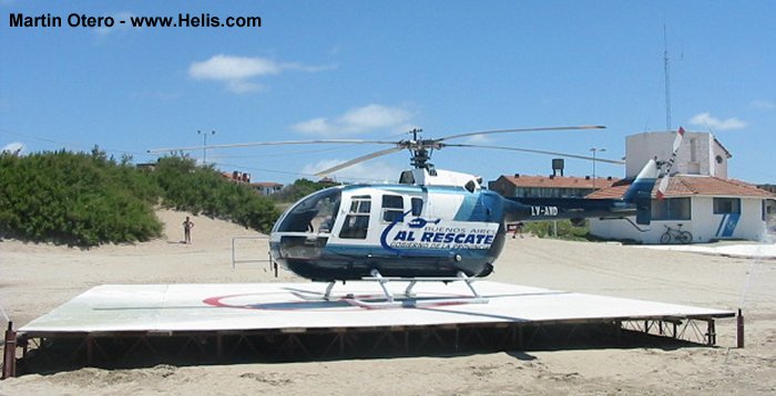 Helicopter MBB Bo105CBS Serial S-540 Register AE-710 LV-AND used by Aviacion de Ejercito Argentino EA (Argentine Army Aviation) ,Gobiernos Provinciales Gobierno de la Provincia de Buenos Aires (Aeronautics Division of Buenos Aires Province). Built 1981. Aircraft history and location