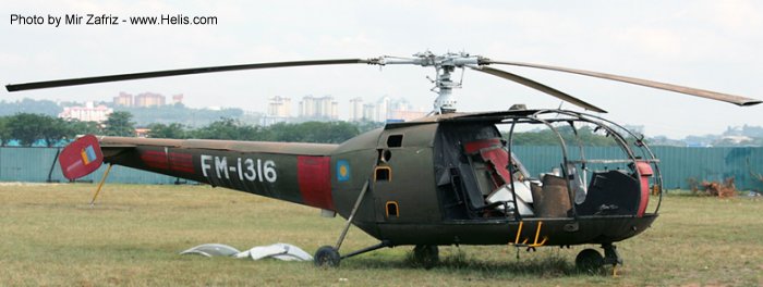 Helicopter Aerospatiale SE3160 / SA316A Alouette III Serial 1303 Register FM-1316 used by Tentera Udara Diraja Malaysia TUDM (Royal Malaysian Air Force). Aircraft history and location