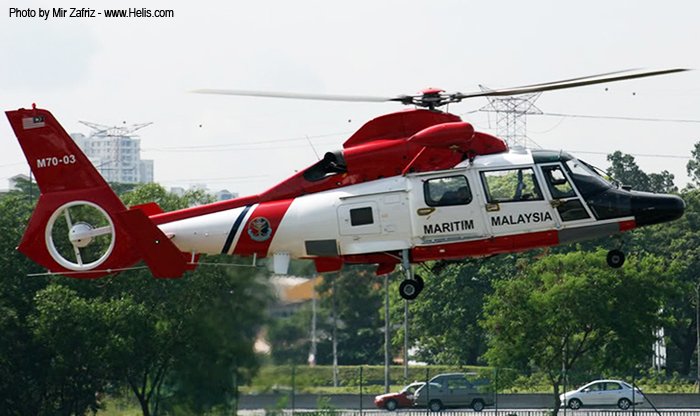 Helicopter Eurocopter AS365N3 Dauphin 2 Serial 6741 Register M70-03 used by Agensi Penguatkuasaan Maritim Malaysia MMEA (Malaysian Maritime Enforcement Agency). Aircraft history and location
