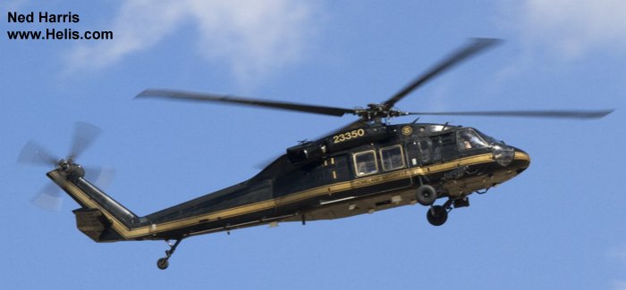 Helicopter Sikorsky UH-60A Black Hawk Serial 70-167 Register 79-23350 used by US Department of Homeland Security DHS. Aircraft history and location