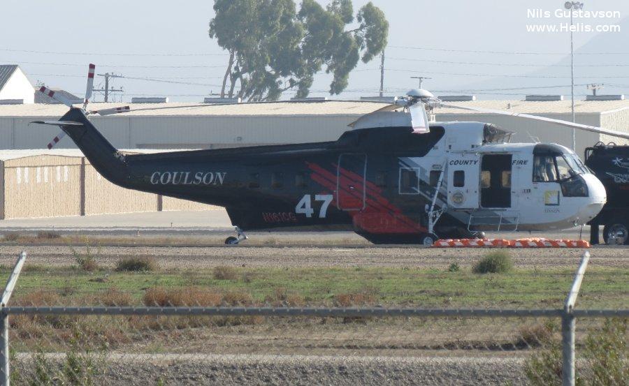 Helicopter Sikorsky S-61L Serial 61-363 Register N161CG C-FMAY N306V ZS-HGU used by Coulson Aircrane ,Canadian Helicopters Ltd ,US Forest Service USFS ,Court Helicopters ,Los Angeles Airways LAA. Built 1969. Aircraft history and location