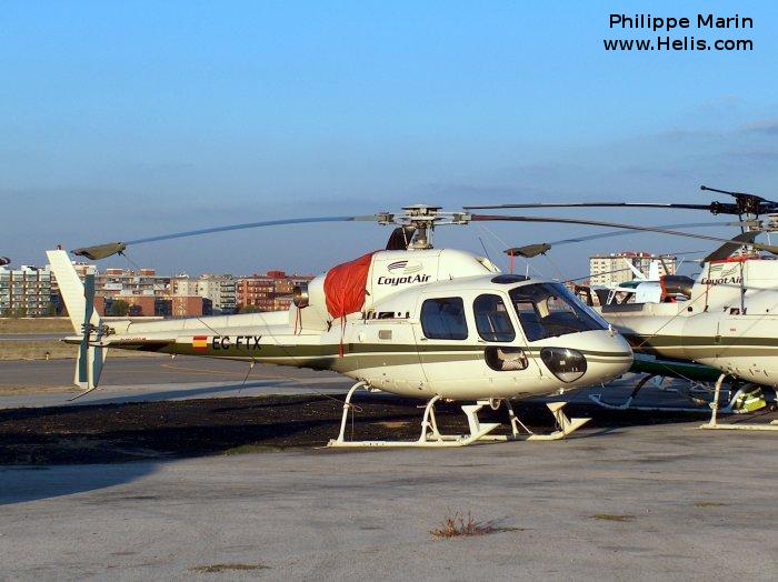 Helicopter Eurocopter AS355N Ecureuil 2 Serial 5550 Register EC-FTX used by CoyotAir ,Direccion General de Trafico DGT (Traffic Police Directorate ). Built 1993. Aircraft history and location