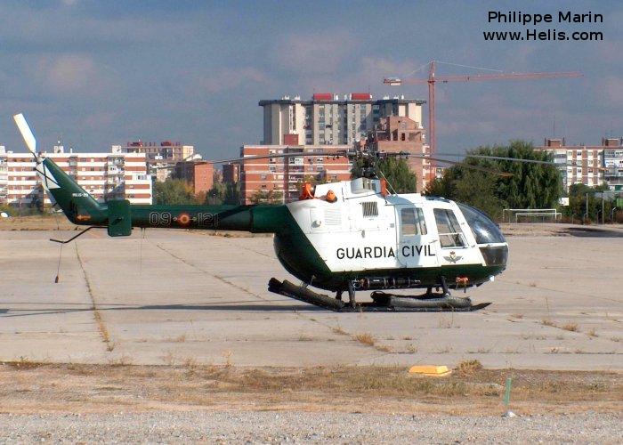Helicopter MBB Bo105C Serial S-454 Register HU.15-20 HR.15-20 D-HDNH used by Guardia Civil (Spanish Civil Guard (Military Police)) ,Fuerzas Aeromóviles del Ejército de Tierra FAMET (Spanish Army Aviation) ,MBB. Built 1979. Aircraft history and location