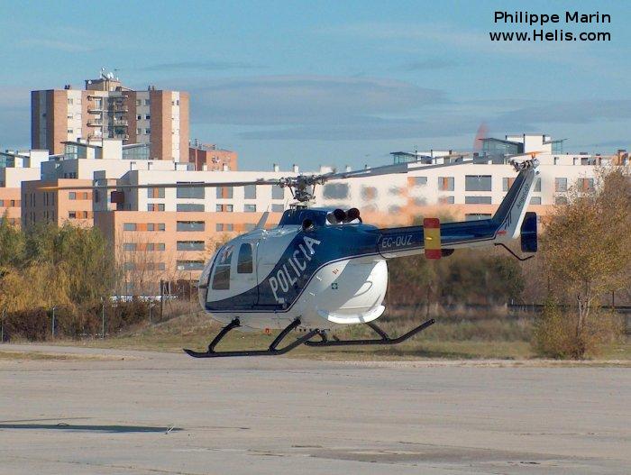 Helicopter MBB Bo105CB-2 Serial S-629 Register EC-DUZ used by Cuerpo Nacional de Policia CNP (National Police Corps). Built 1983. Aircraft history and location