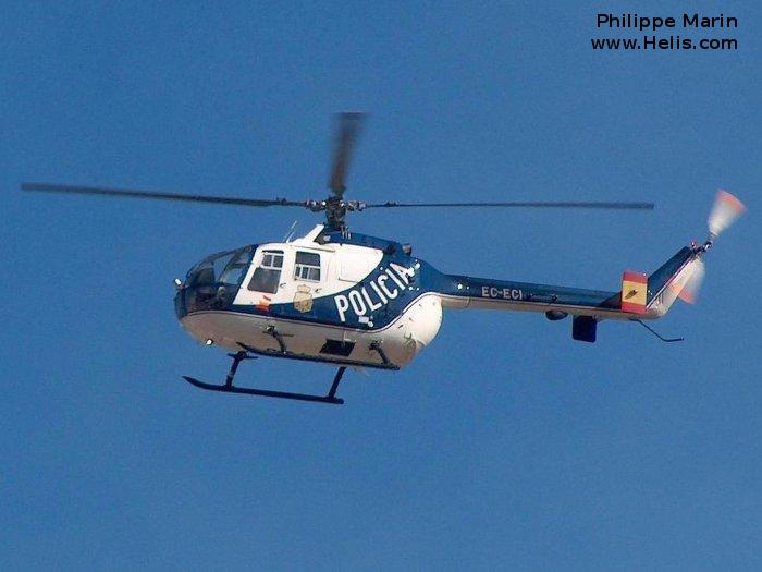 Helicopter MBB Bo105CB-2 Serial S-720 Register EC-ECI D-HDRH used by Cuerpo Nacional de Policia CNP (National Police Corps) ,MBB. Built 1985. Aircraft history and location