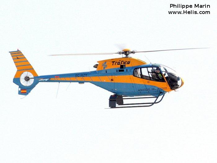 Helicopter Eurocopter EC120B Serial 1242 Register SE-JUB EC-HZY used by Direccion General de Trafico DGT (Traffic Police Directorate ). Built 2001. Aircraft history and location
