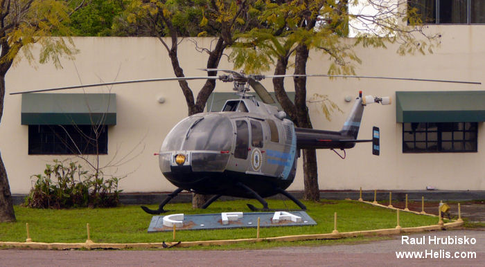 Helicopter MBB Bo105A Serial S-24 Register LQ-LAS used by Policia Federal Argentina PFA (Argentine Federal Police). Aircraft history and location