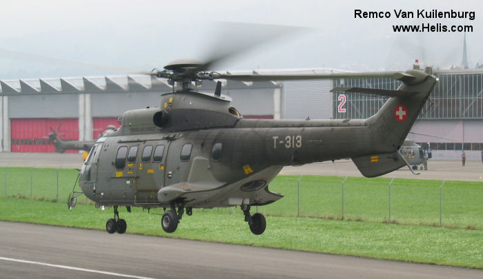 Helicopter Aerospatiale AS332M Super Puma Serial 2226 Register T-313 used by Schweizer Luftwaffe (Swiss Air Force). Aircraft history and location
