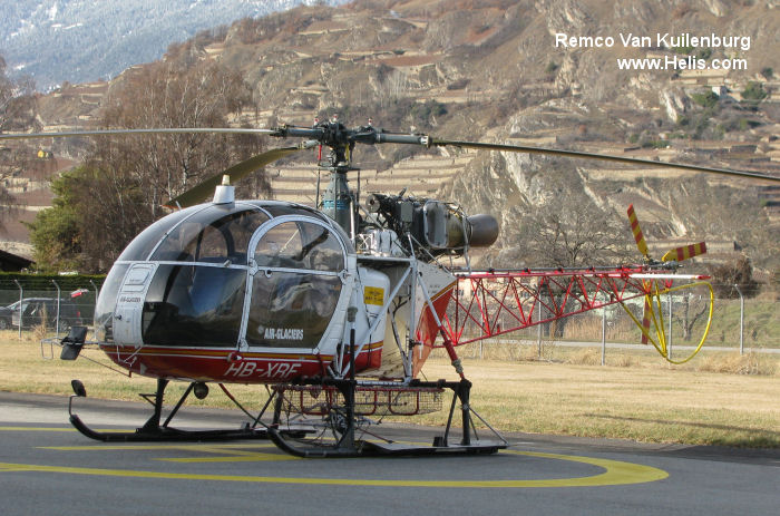Helicopter Aerospatiale SA315B Lama Serial 2490 Register HB-XRF OE-KXD G-BMUA N49524 used by Air Glaciers SA ,Air Grischa Helikopter AG ,PDG Helicopters. Built 1977. Aircraft history and location