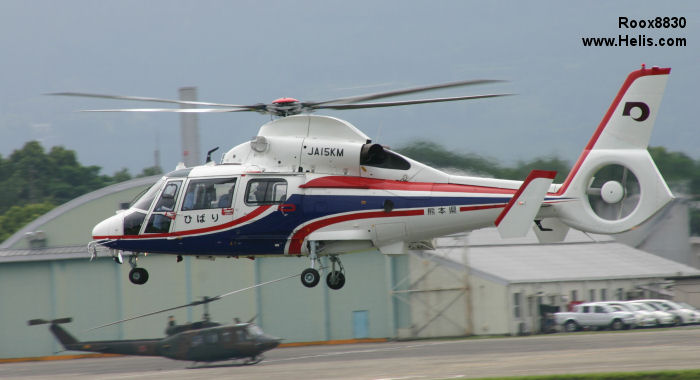 Helicopter Eurocopter AS365N3 Dauphin 2 Serial 6585 Register N365JA JA15KM used by Bank Of Utah ,Fire and Disaster Management Agency FDMA Kumamoto Prefecture Air Rescue. Built 2000. Aircraft history and location