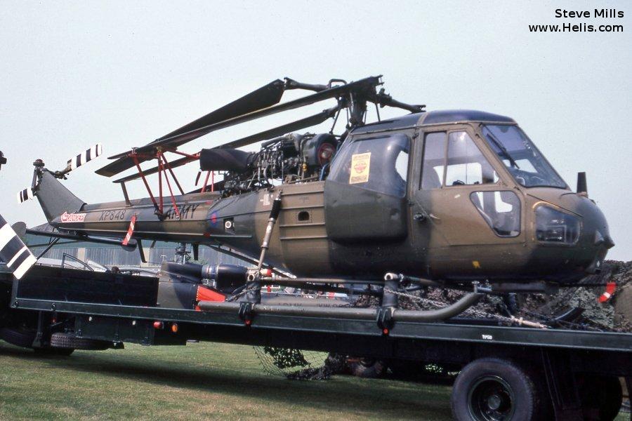 Helicopter Westland Scout AH.1 Serial f.9474 Register XP848 used by Army Air Corps AAC (British Army). Built 1962. Aircraft history and location