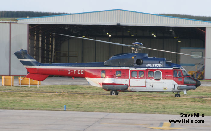 Helicopter Aerospatiale AS332L Super Puma Serial 2032 Register N203VA G-TIGG used by Mavana Air Support ,Bristow. Built 1982. Aircraft history and location