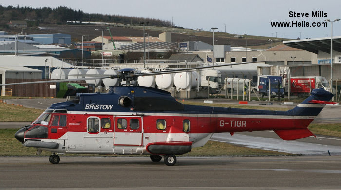 Helicopter Aerospatiale AS332L Super Puma Serial 2071 Register D-HEGT G-TIGR F-WTNW used by Bundespolizei (German Federal Police (BPOL)) ,Bristow ,Aerospatiale. Built 1983. Aircraft history and location
