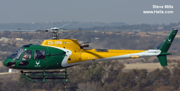 Helicopter Eurocopter AS350B3 Ecureuil Serial 4091 Register ZS-OPK used by Department of Environmental Affairs SA.DEA. Aircraft history and location