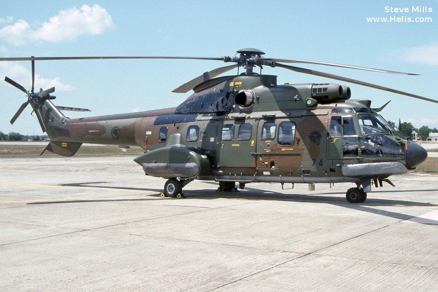 Helicopter Eurocopter AS532M1 Cougar Serial 2378 Register 274 used by Republic of Singapore Air Force RSAF. Built 1992. Aircraft history and location