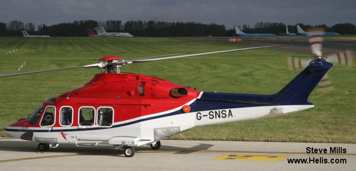 Helicopter AgustaWestland AW139 Serial 31308 Register PR-OOD C9-OHM G-SNSA used by Helicopteros Marinos HMSA ,Omni Taxi Aereo OTA ,Omni Helicopters Guyana OHGI ,CHC Scotia. Built 2010. Aircraft history and location