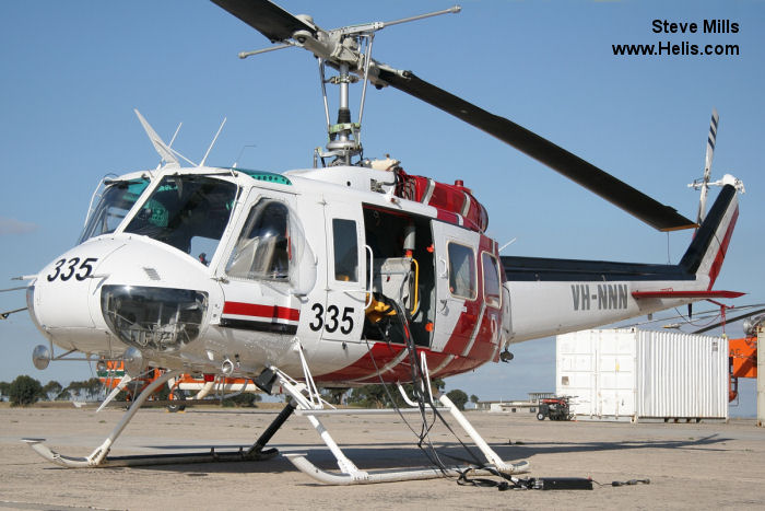 Helicopter Bell 205A-1 Serial 30131 Register N205TK P2-HBY VH-NNN C-FMHA HC-BHE VH-PTS VH-PMN PK-UHQ used by Coastal Helicopters ,Toll Group ,Heli Niugini Ltd HNL ,Helicorp Pty Ltd ,Midwest Helicopters. Built 1973. Aircraft history and location