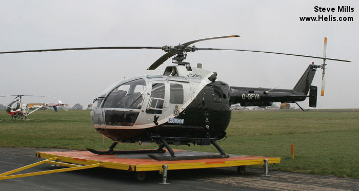 Helicopter MBB Bo105CB-2 Serial S-321 Register G-BFYA D-HJET used by UK Police Forces ,UK Air Ambulances EAAA (East Anglian Air Ambulance) ,Sterling Helicopters ,Veritair. Built 1977. Aircraft history and location