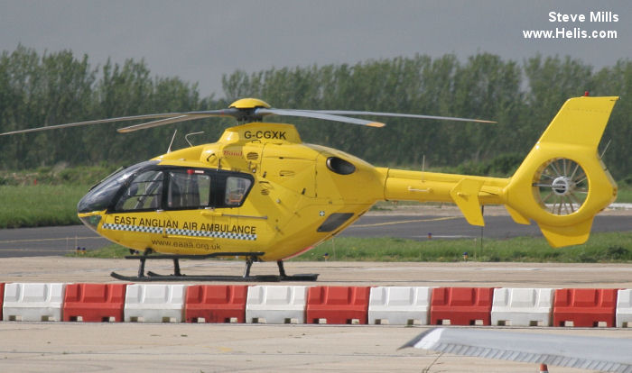 Helicopter Eurocopter EC135T1 Serial 0044 Register F-HJAF G-CGXK D-HJAR used by SAMU (Emergency Medical Assistance Service ) ,SAF ,UK Air Ambulances EAAA (East Anglian Air Ambulance) ,Bond Aviation Group ,ADAC Luftrettung ADAC Christoph 15 (ADAC). Built 1998. Aircraft history and location