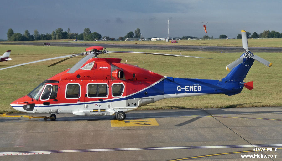 Helicopter Airbus H175 Serial 5030 Register G-EMEB used by CHC Scotia ,LCI Aviation (Lease Corporation International). Built 2017. Aircraft history and location