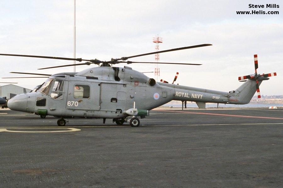 Helicopter Westland Lynx HAS3S Serial 334 Register ZF557 used by Hayward and Green Defence Ltd ,Fleet Air Arm RN (Royal Navy). Built 1987 Converted to Lynx HMA.8. Aircraft history and location