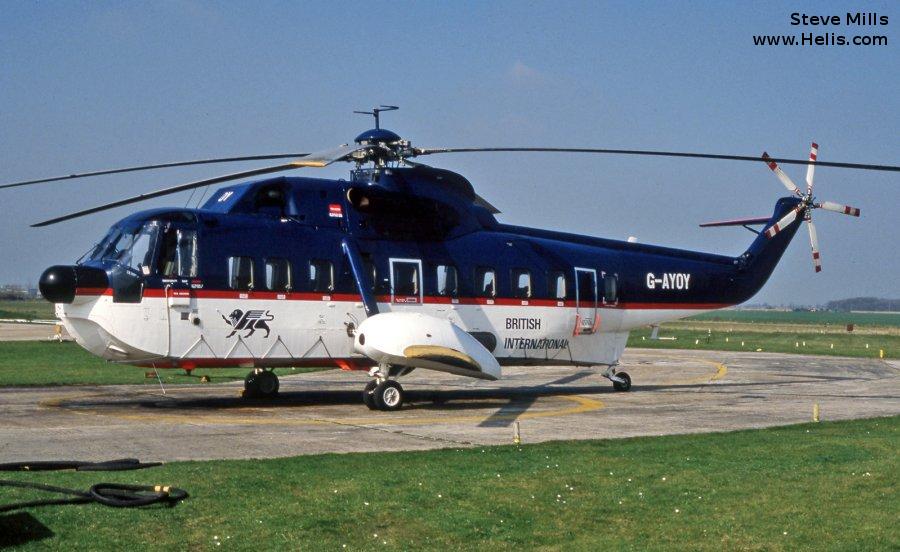 Helicopter Sikorsky S-61N Mk.II Serial 61-476 Register N476AW N457ES G-AYOY used by Coulson Aircrane ,EP Aviation ,US Department of State ,Carson Helicopters ,Veritair ,CHC Scotia ,Brintel Helicopters ,British International Helicopters BIH ,British Caledonian Helicopter. Built 1970. Aircraft history and location