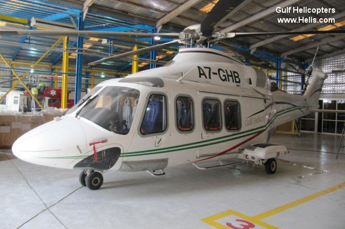 Helicopter AgustaWestland AW139 Serial 31140 Register A7-GHB used by Gulf Helicopters. Built 2008. Aircraft history and location