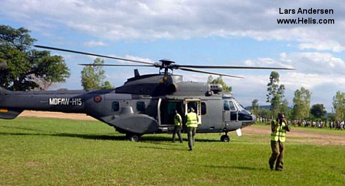 Helicopter Aerospatiale AS332L1 Super Puma Serial 2379 Register MAAW-H15 used by Malawi Army Air Wing. Aircraft history and location