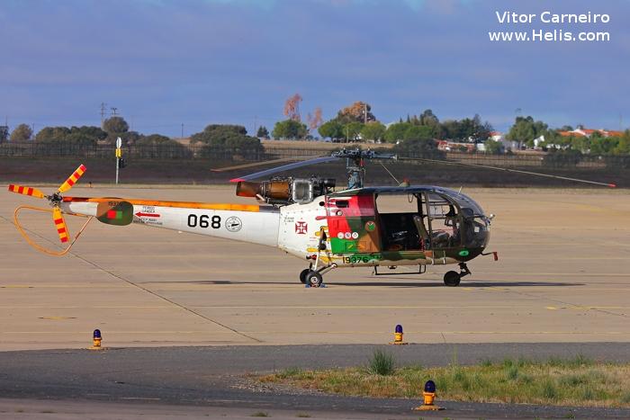 Helicopter Aerospatiale SA316B Alouette III Serial 1818 Register 19376 9376 used by Força Aérea Portuguesa (Portuguese Air Force). Aircraft history and location