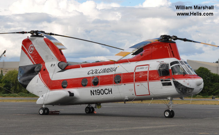 Helicopter Boeing-Vertol CH-46A Serial 2002 Register C-GHFY P2-CHC N190CH 150266 used by Helifor ,CHI Papua New Guinea ,Columbia Helicopters ColHeli ,US Marine Corps USMC. Built 1962. Aircraft history and location