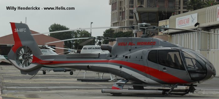 Helicopter Eurocopter EC130B4 Serial 3768 Register 3A-MFC used by Heli Air Monaco. Aircraft history and location