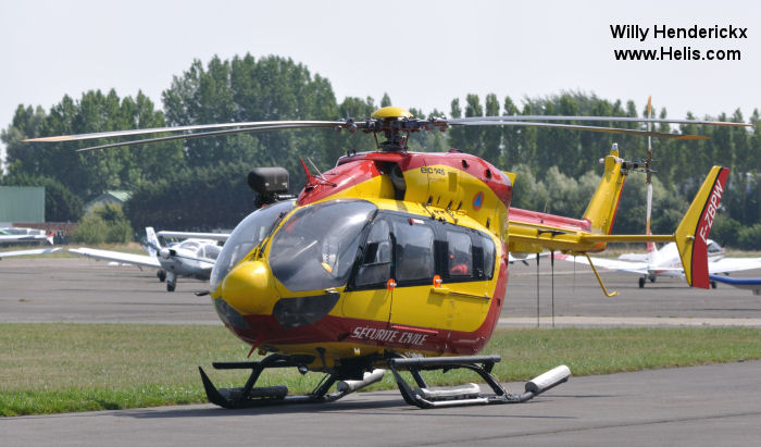 Helicopter Eurocopter EC145 Serial 9048 Register F-ZBPW D-HRWF used by Sécurité Civile (French Civilian Security) ,Eurocopter Deutschland GmbH (Eurocopter Germany). Built 2004. Aircraft history and location