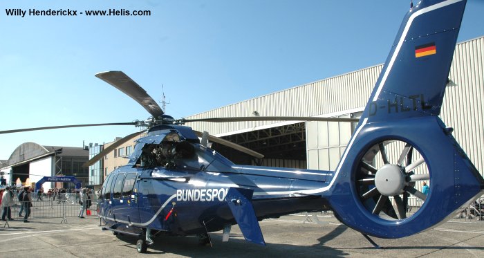 Helicopter Eurocopter EC155B Serial 6599 Register D-HLTL used by Bundespolizei (German Federal Police (BPOL)). Built 2001. Aircraft history and location
