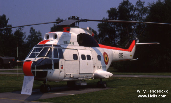 Helicopter Aerospatiale SA330L Puma Serial 1237 Register G02 OT-GIB F-WYMZ used by Federale Politie / Police Fédérale (Belgian National Police) ,Aerospatiale. Built 1973. Aircraft history and location