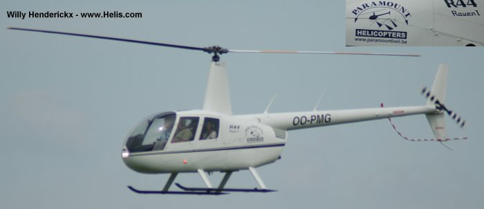 Helicopter Robinson R44 Raven Serial 1858 Register OO-PMG used by Paramount Helicopters NV. Aircraft history and location