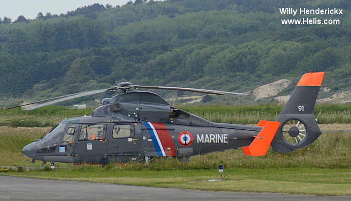 Helicopter Aerospatiale SA365N Dauphin 2 Serial 6091 Register 91 F-GFBX OY-HMZ F-GEDQ TF-SIF used by Aéronautique Navale (French Navy) ,Heli-Union ,Maersk ,Landhelgisgæsla Íslands (Icelandic Coast Guard). Built 1983. Aircraft history and location