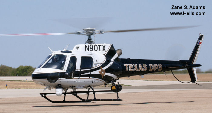 Helicopter Eurocopter AS350B2 Ecureuil Serial 4401 Register N90TX used by Texas DPS (Texas Department of Public Safety). Built 2008. Aircraft history and location