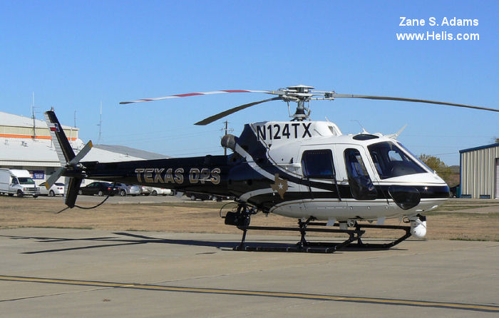 Helicopter Eurocopter AS350B2 Ecureuil Serial 4405 Register N124TX used by Texas DPS (Texas Department of Public Safety). Built 2008. Aircraft history and location