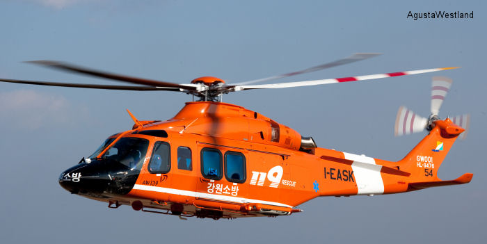 Helicopter AgustaWestland AW139 Serial 31154 Register HL9476 used by South Korea Fire Fighting Departments. Built 2009. Aircraft history and location