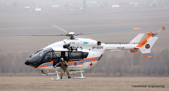 Helicopter Eurocopter EC145 Serial 9435 Register UP-EC015 used by Kazakhstan Engineering. Aircraft history and location