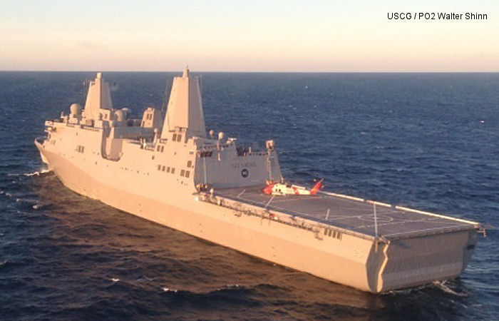 Coast Guard helicopters train aboard the Navy newest warship