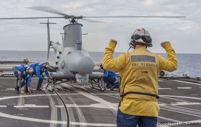 Northrop Grumman, US Coast Guard and US Navy flew the MQ-8B Fire Scout unmanned helicopter on the Coast Guard Cutter USCGC Bertholf (WMSL 750) near Los Angeles, Dec. 5, 2014.