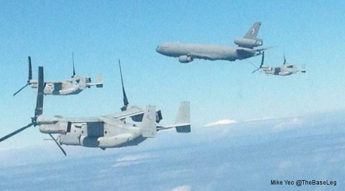 Five MV-22 Ospreys flew over 2,200nm/4070km from Philippines to  Thailand to participate in exercise Cobra Gold 2015 Feb. 7-21  refueled by the US Air Force KC-10 aircraft in-flight.