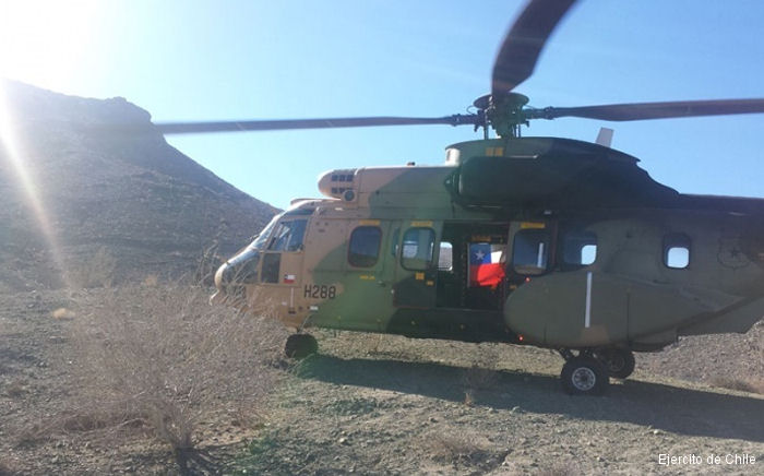 Three AS532 Cougar, a SA330 Puma and a AS355 Ecureuil of the Chilean Army Aviation Brigade are helping in flood affected northern region