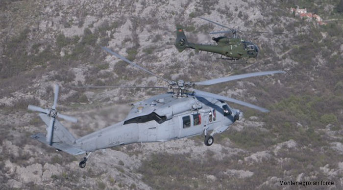 An MH-60S Seahawk from US Navy HSC-28 flies with a Montenegrin air force Soko H-42 Gazelle over Podgorica, Montenegro, April 23, 2015
