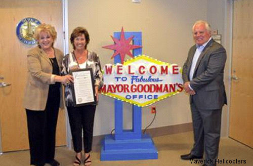 From left to right: Carolyn Goodman (Mayor of Las Vegas), Brenda Rochna and Greg Rochna (Founders of Maverick Helicopters)
