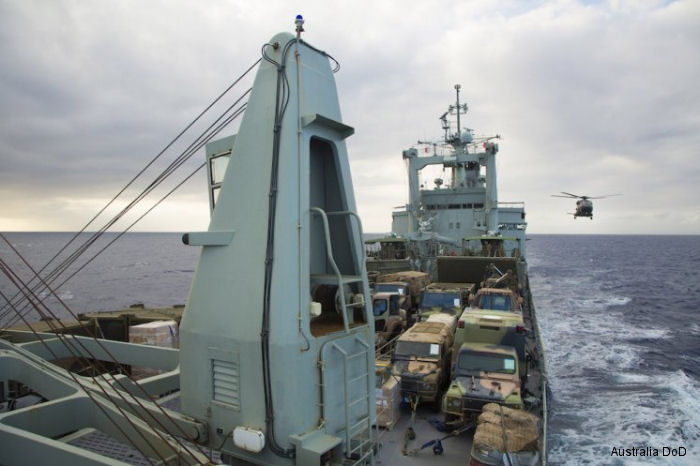 MRH90 helicopter arrives aboard HMAS Tobruk